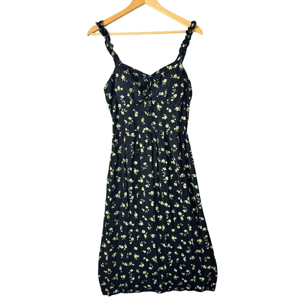 Babydoll Midi Dress Milkmaid Black Floral Ruffle Whimsical Fairy Summer Coquette